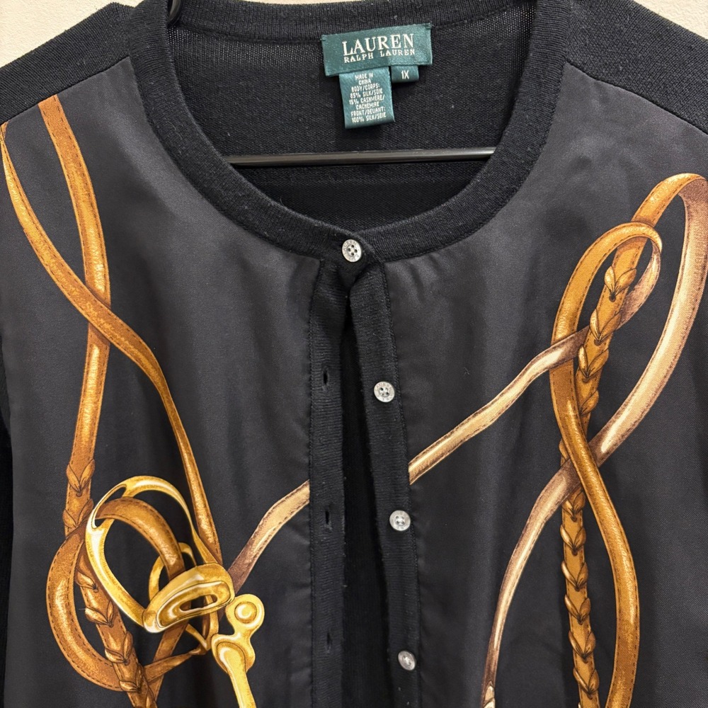 Ralph Lauren L-RL Silk Cashmere Equestrian Horse Bit Cardigan Black 1X Preppy - Picture 3 of 9
